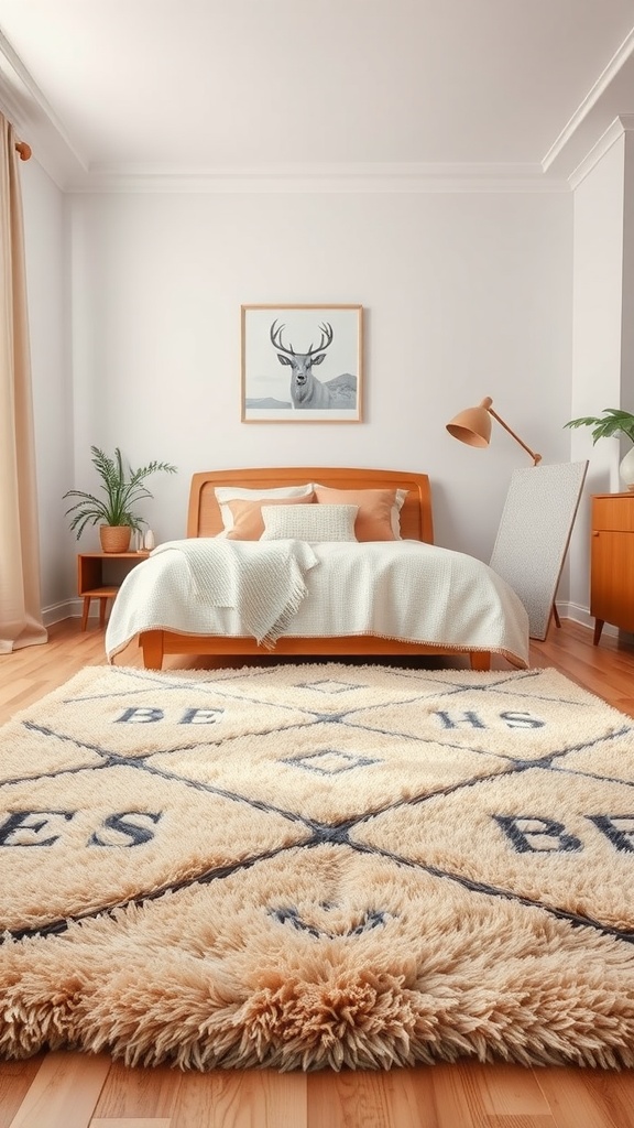 A cozy bedroom with a soft, patterned rug, wooden bed, and warm decor.