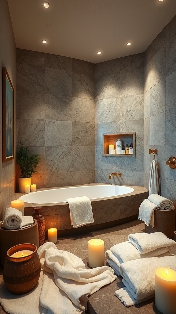 A luxurious spa-like guest bathroom with a bathtub, candles, and folded towels.