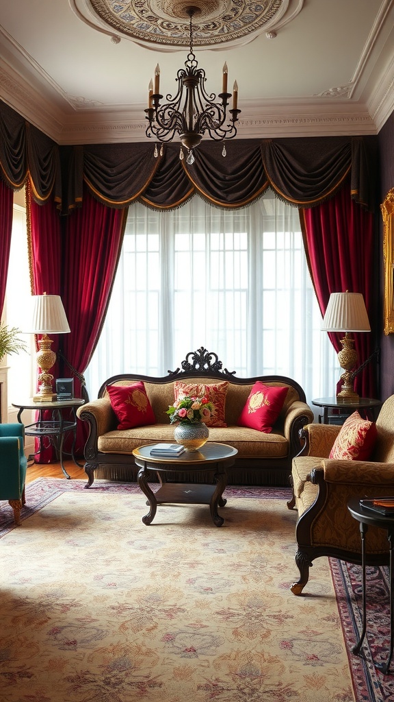 Luxurious old-world aesthetic living room with rich textiles and fabrics, featuring red drapes, an elegant sofa, and a chandelier.