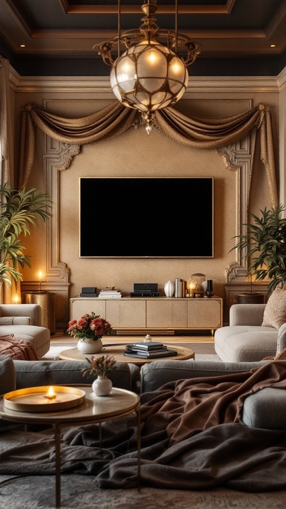 A luxurious living room featuring a modern TV wall design with rich textiles and fabrics, creating an inviting atmosphere.