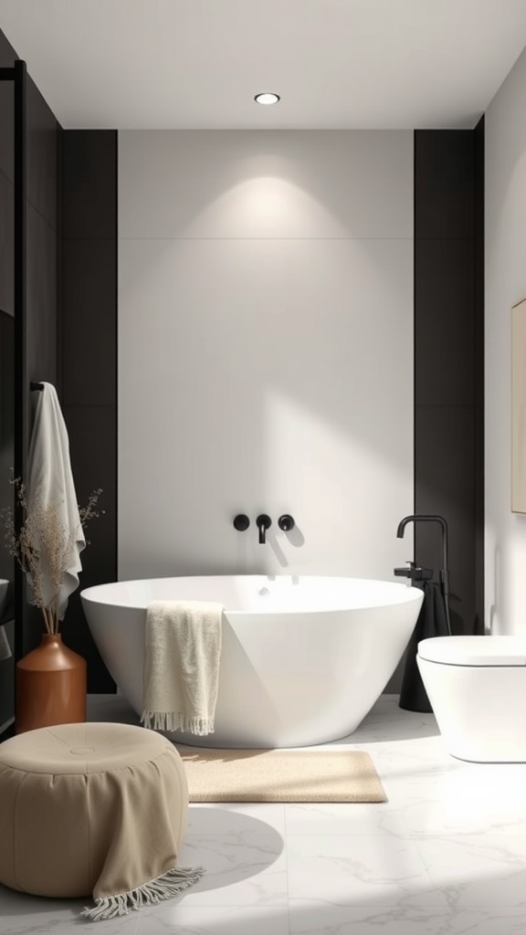 A luxurious bathroom featuring a white bathtub, plush textiles, and a minimalist design.