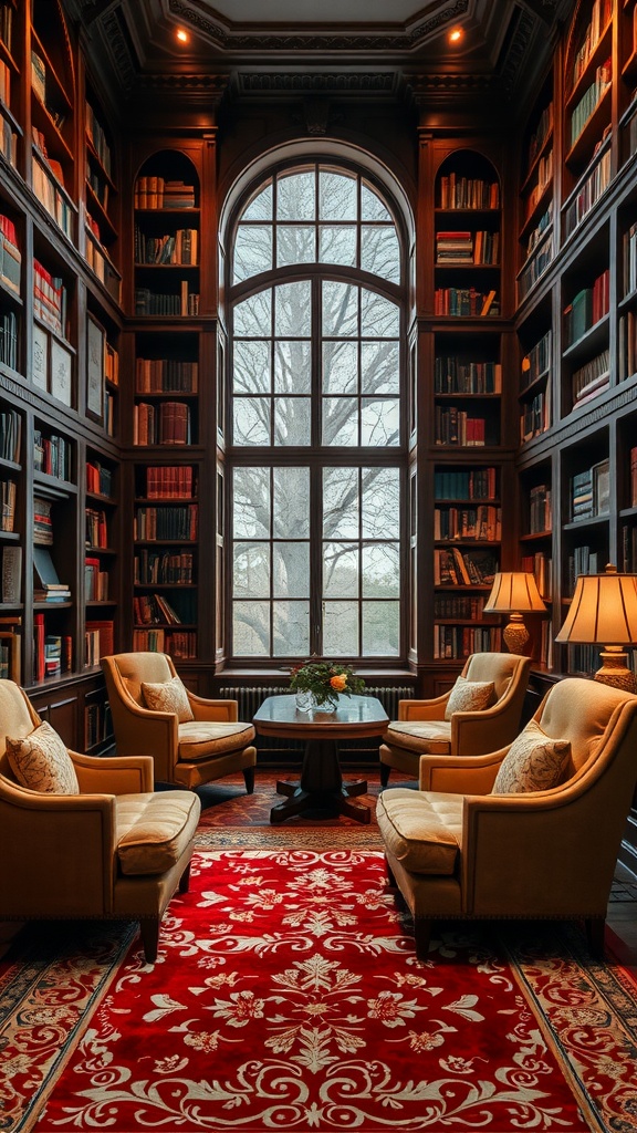 A luxurious library featuring a silk rug, wooden bookshelves, and comfortable seating.