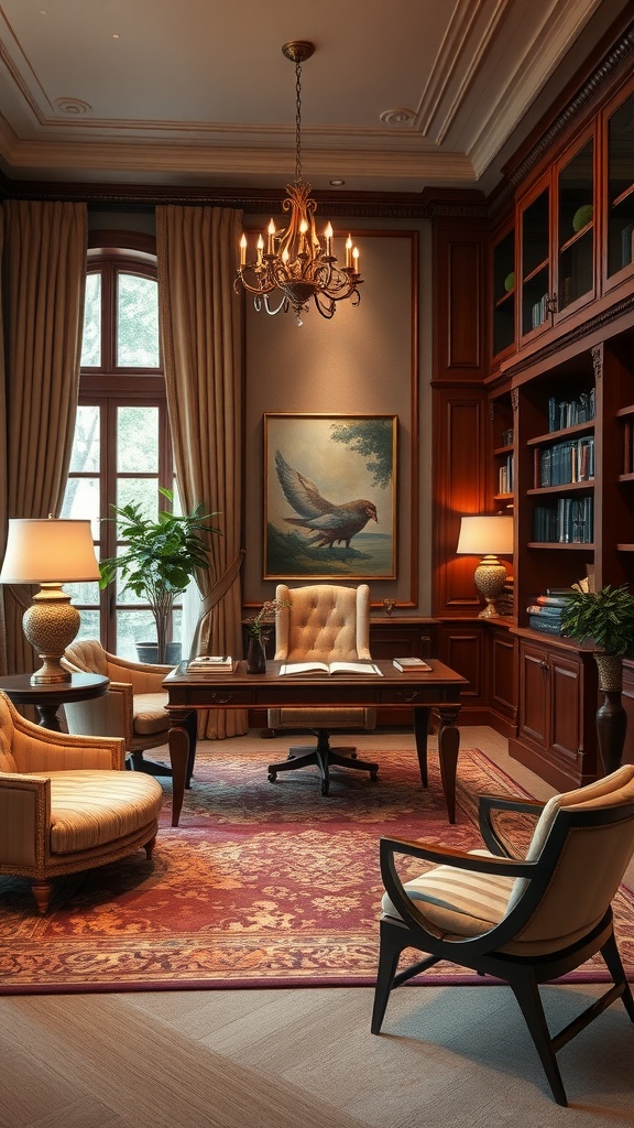 Luxurious home office with plush furnishings and elegant decor