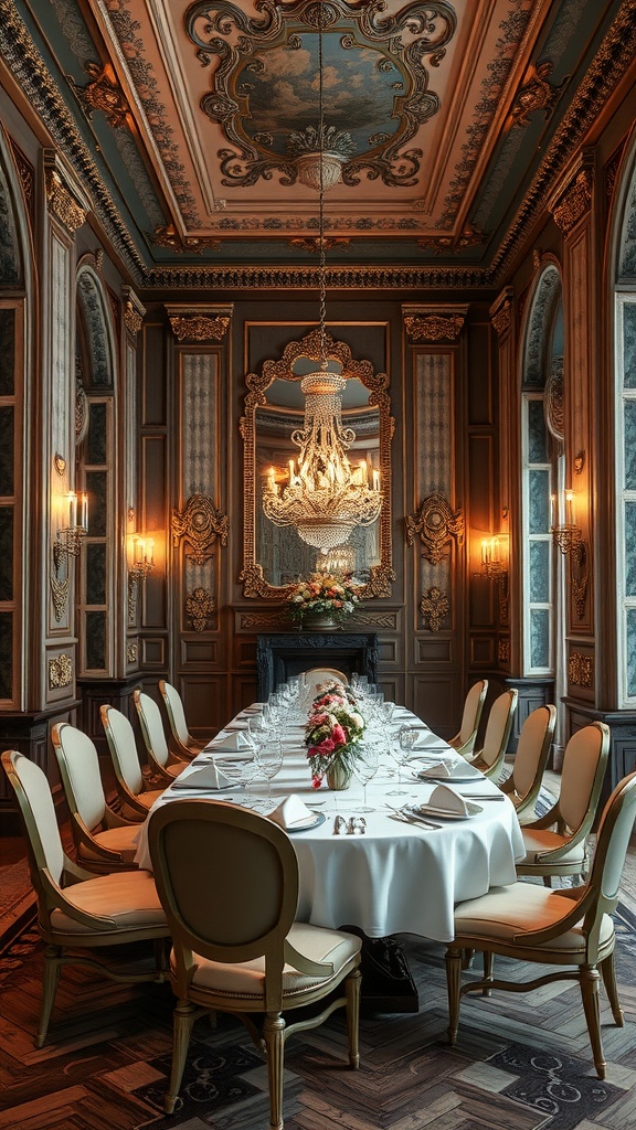 Luxurious Italian dining room with ornate walls and chandelier