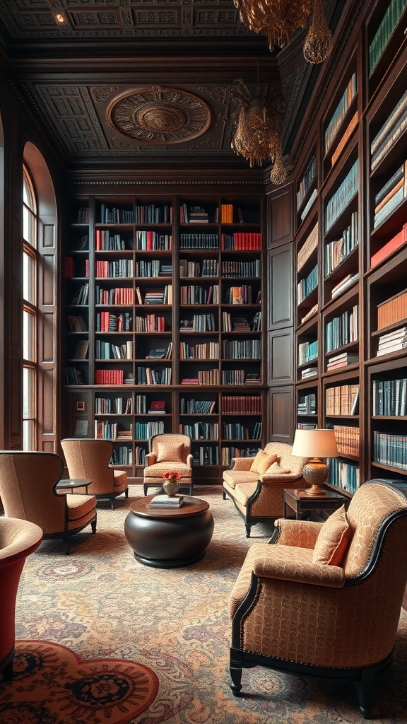 Luxurious library featuring plush seating and a rich wooden bookshelf.