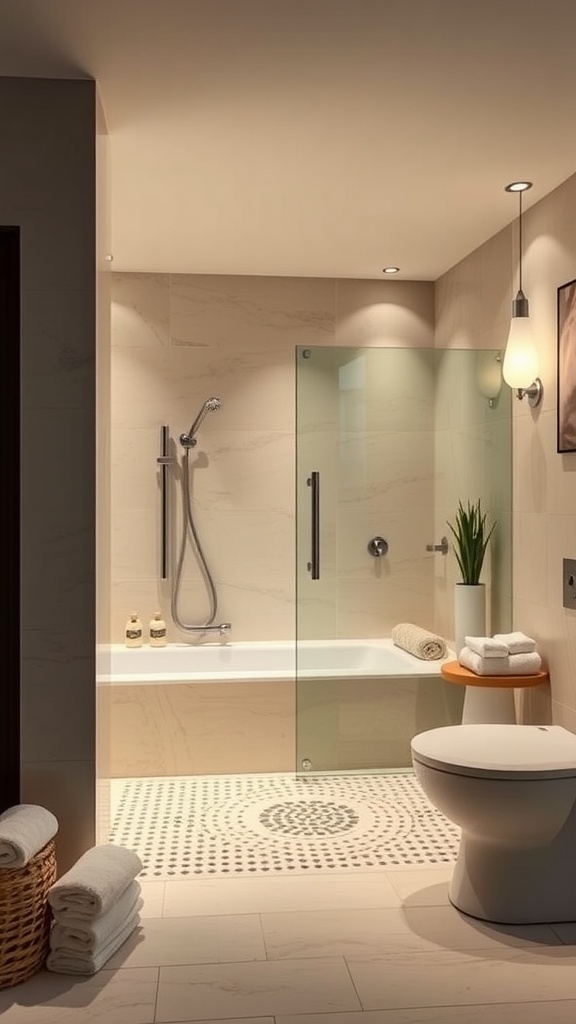 A modern bathroom featuring a glass shower, a bathtub, and elegant tile flooring, creating a spa-like atmosphere.