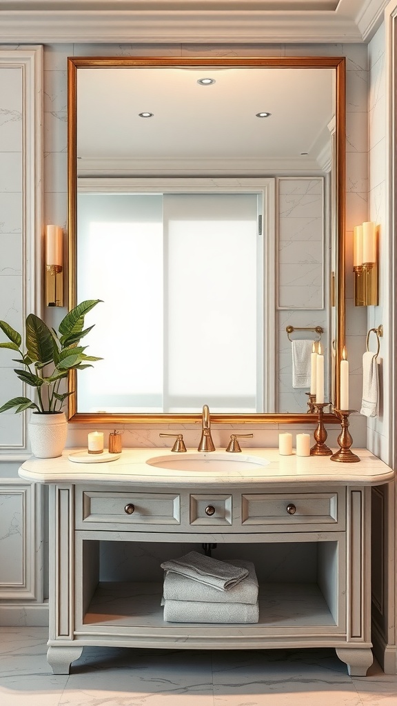 A luxurious bathroom vanity with a large mirror, candles, and a potted plant.