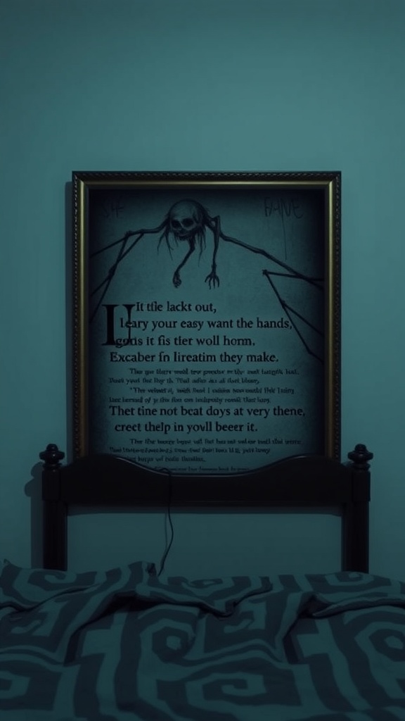A dark, eerie artwork featuring a skeleton and haunting text, framed on a blue wall above a bed with patterned bedding.