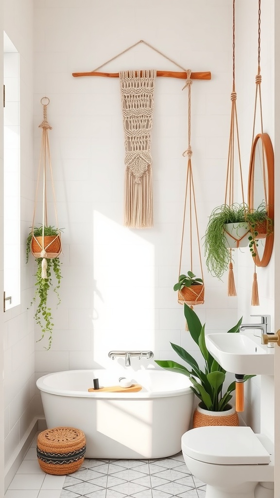 A cozy bathroom with macrame wall hanging and hanging plant pots, showcasing a bohemian style.