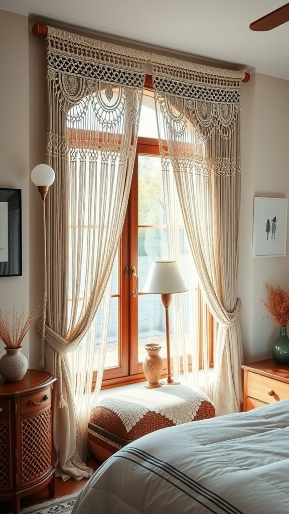 Macrame curtains framing a cozy bedroom window