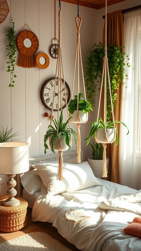 A cozy bedroom with macrame plant hangers displaying lush green plants, featuring earthy tones and natural decor.