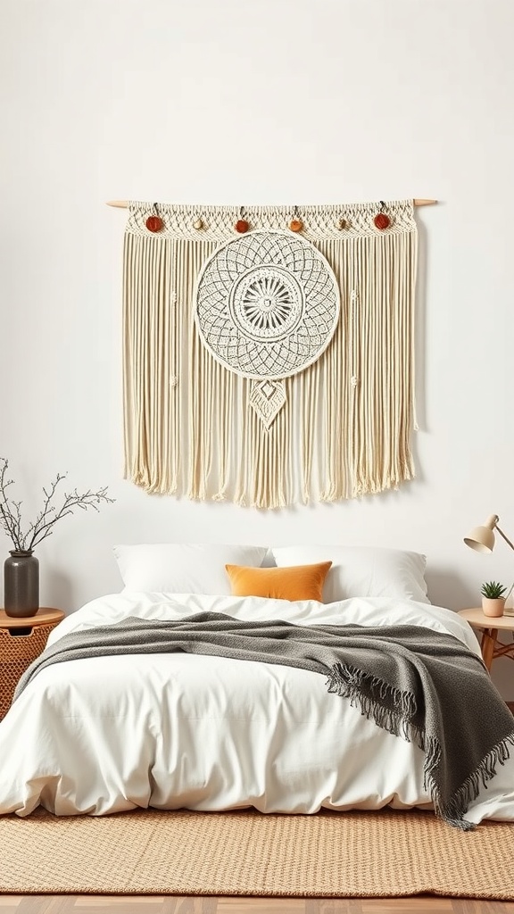 A cozy bedroom with macrame wall art hanging above the bed, featuring a warm color palette.