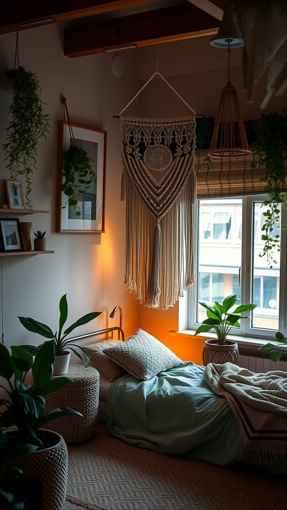 A cozy bedroom with a macrame wall hanging above the bed, surrounded by plants.