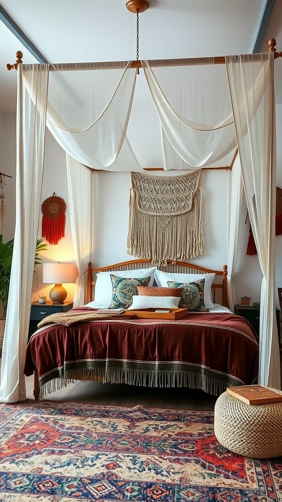 A cozy Boho bedroom featuring a canopy bed and macrame wall hanging