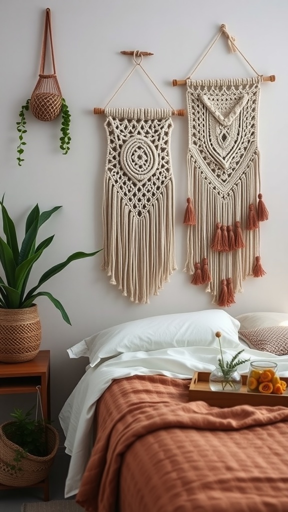 A cozy boho bedroom featuring macrame wall hangings, a plant, and warm bedding