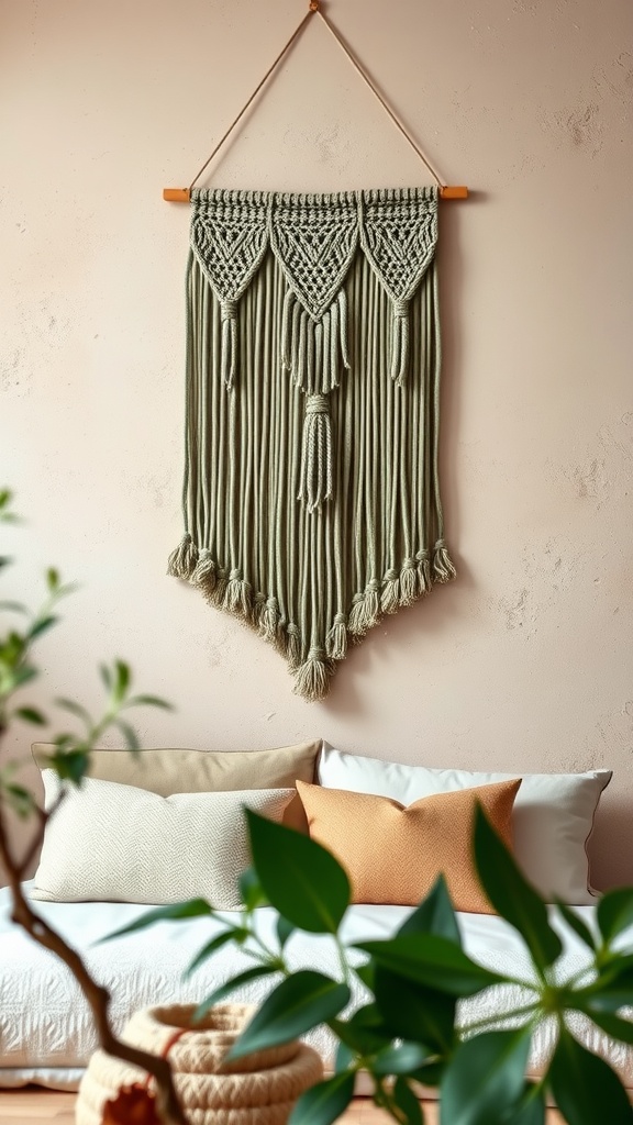 Sage green macrame wall hanging with tassels on a neutral wall, above a bed with cushions