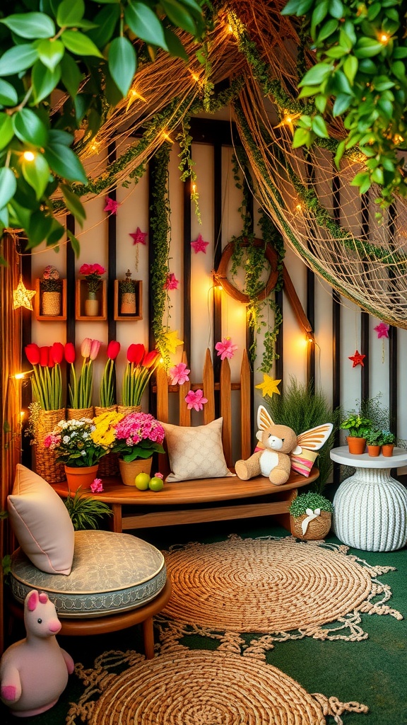 A cozy boho-themed children's nook featuring colorful flowers, plush toys, soft lighting, and natural wooden furniture.