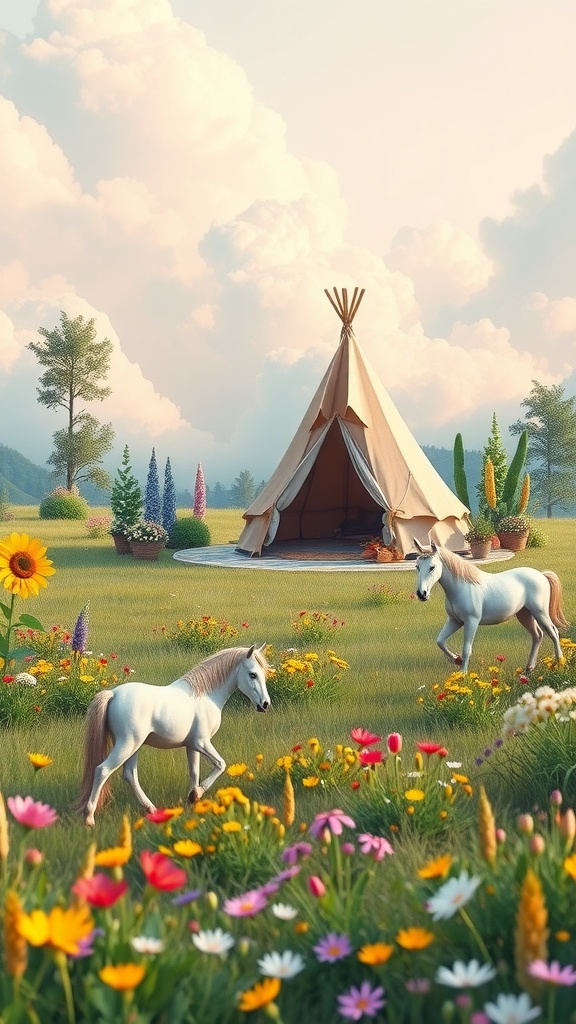 A whimsical meadow with unicorns, flowers, and a teepee tent, creating a magical sanctuary for kids.