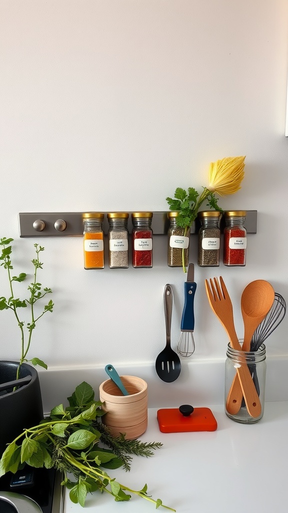 Magnetic spice jars attached to a wall with fresh herbs and kitchen utensils nearby.