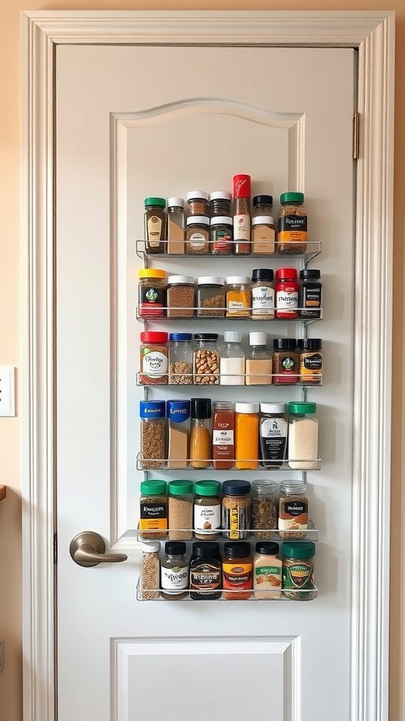 A pantry door with a magnetic spice rack, displaying various spice jars organized on shelves.