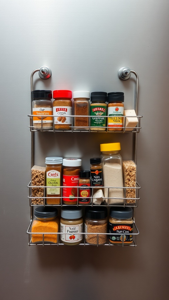 A magnetic spice rack mounted on a wall filled with various spice jars.