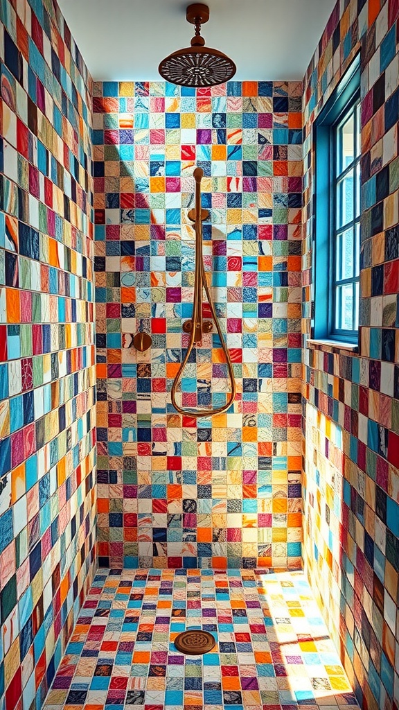 A colorful mosaic tiled walk-in shower with various patterns and a shower head.