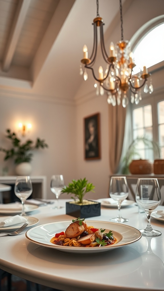 A dining table set with elegant decor illuminated by a chandelier in a room with vaulted ceilings.