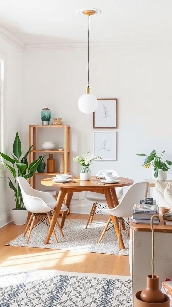Cozy living and dining room combo featuring a round wooden table, white chairs, plants, and simple decor