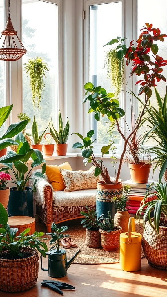 A cozy living space filled with various houseplants, showcasing a Boho Chic aesthetic.