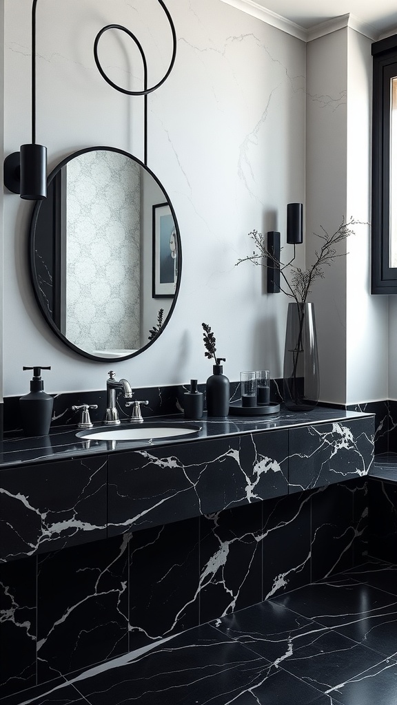 Modern bathroom featuring black marble countertops and flooring with decorative elements