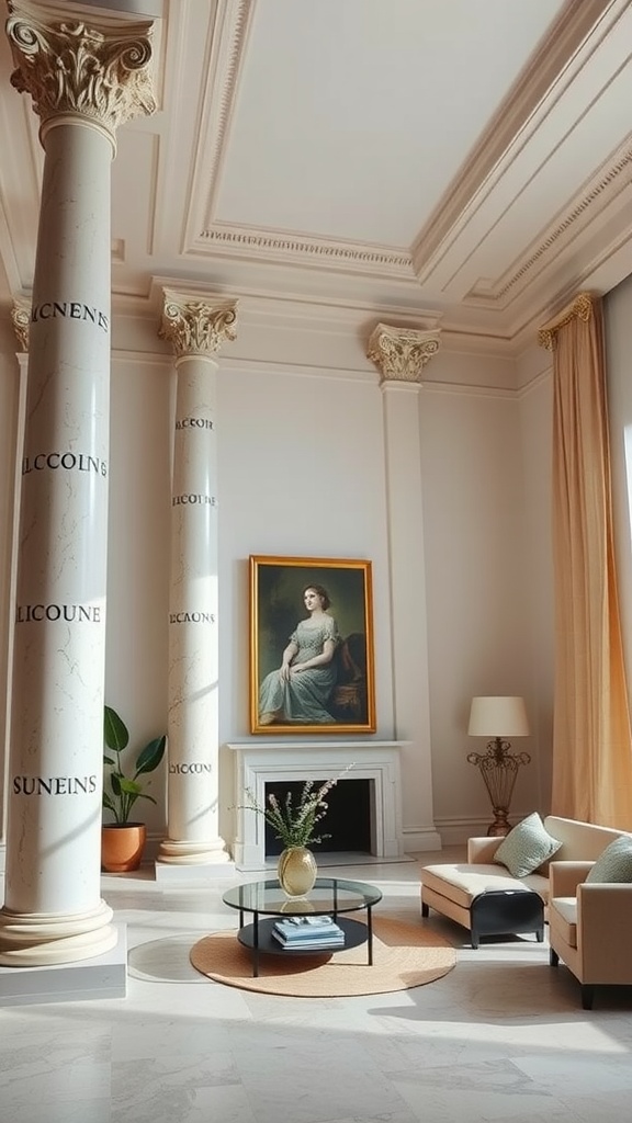 Opulent living room with majestic columns, classic portrait, and elegant furniture.