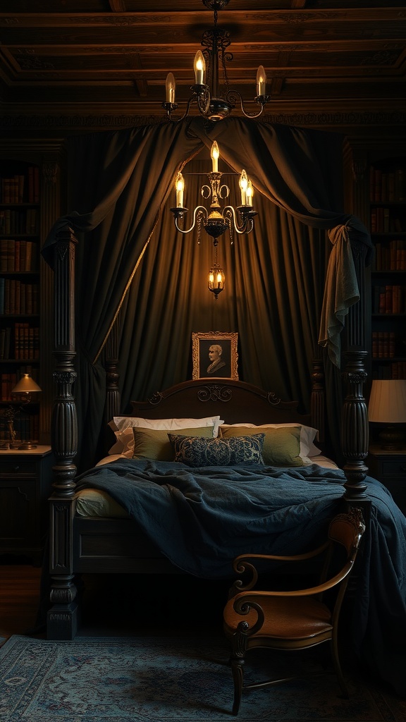 Cozy canopy bed in a dark academia style bedroom with elegant lighting and rich textures