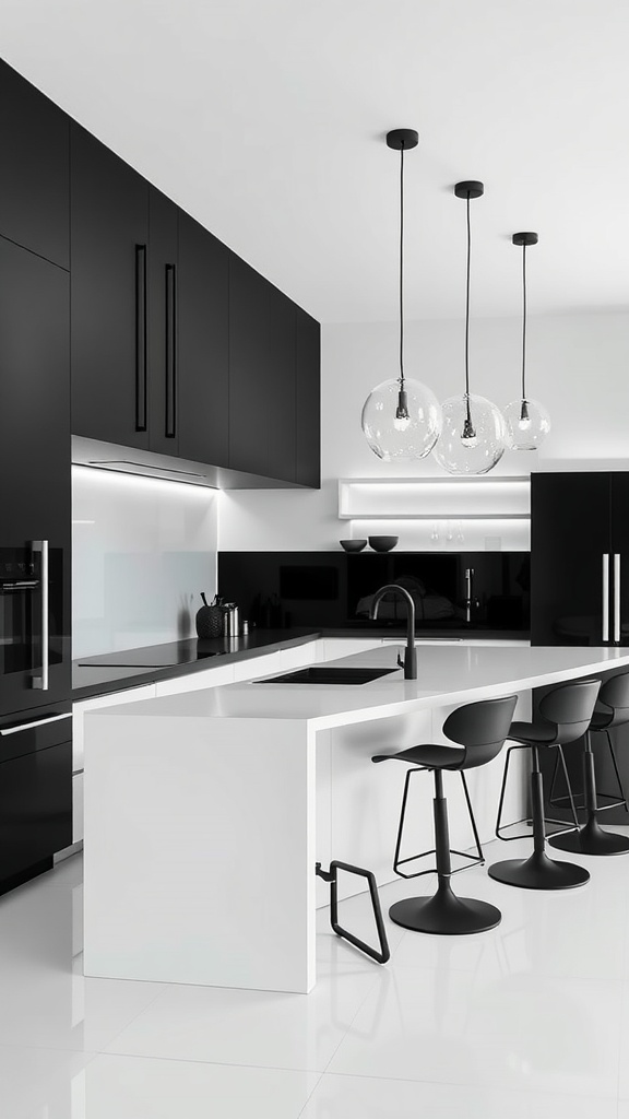 A modern monochrome kitchen with black cabinets and a white peninsula.