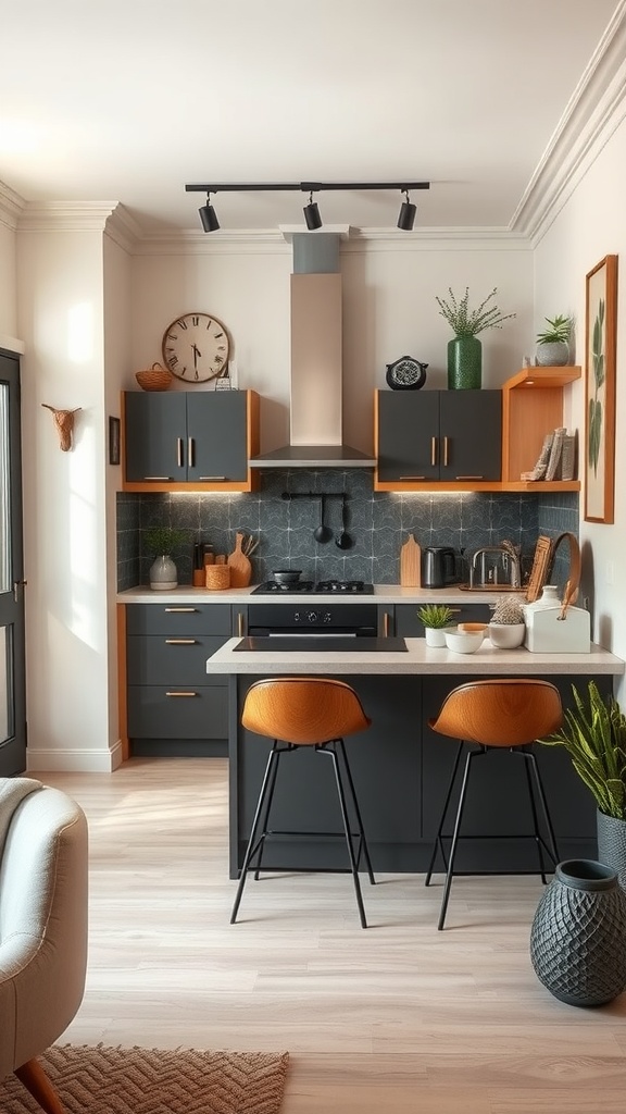 Modern kitchen featuring a small island with a hob and stylish stools.