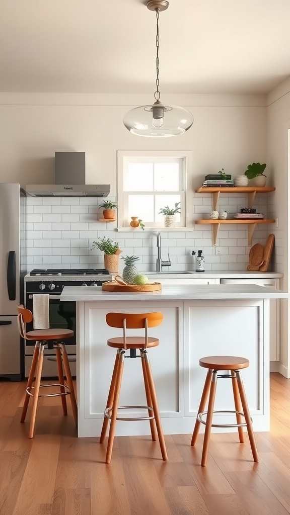 Cozy small kitchen with a stylish island and wooden stools.