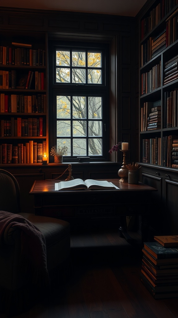A cozy writing desk in a Dark Academia style bedroom with bookshelves and a window.
