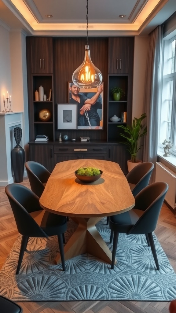 A stylish small dining area featuring a wooden table, modern chairs, and elegant lighting.