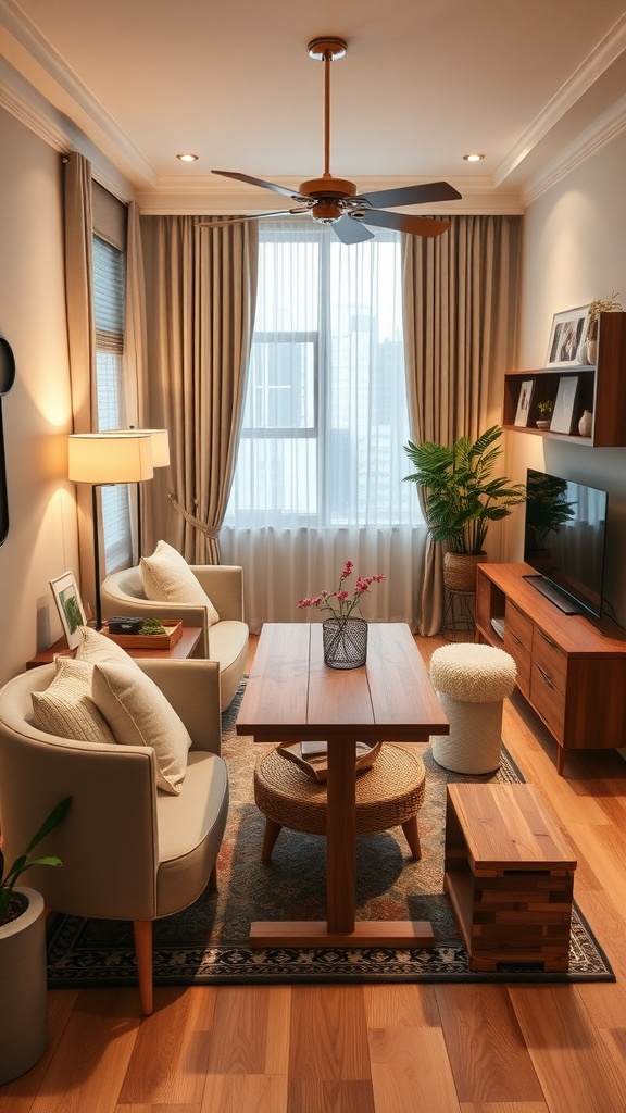 Cozy small living room featuring a wooden dining table surrounded by chairs, with plants and natural light.