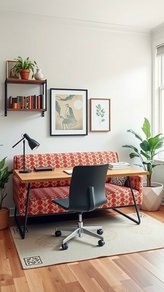 A cozy home office featuring a bold patterned couch, wooden desk, and plants.