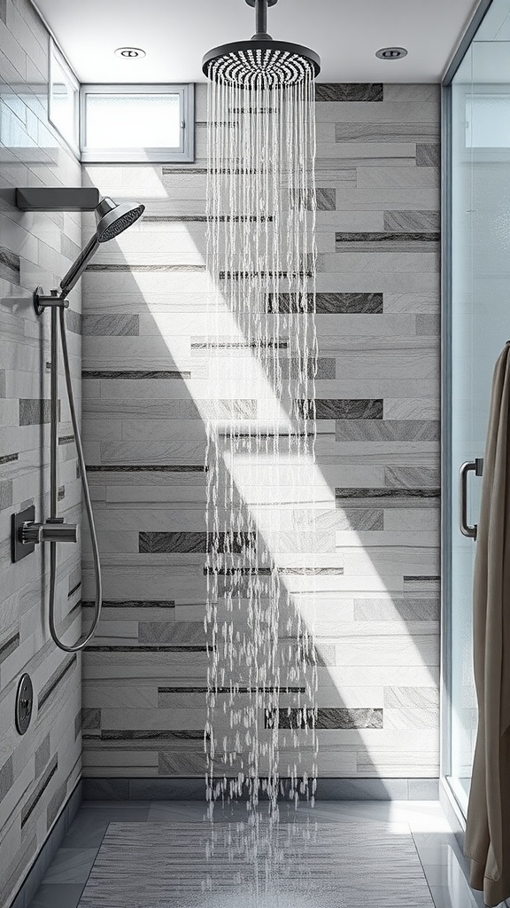 A modern walk-in shower with a rainfall shower head and stylish gray and white tile.