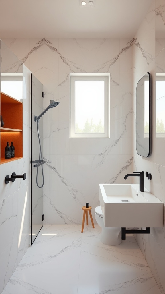 A modern bathroom featuring marble tiles on walls and floor, black fixtures, and a glass shower.