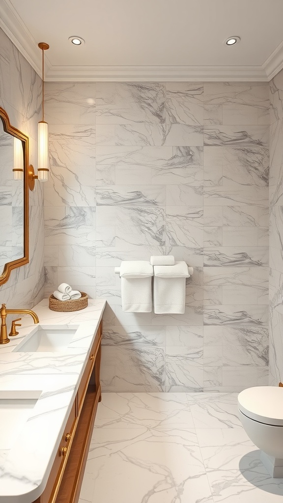 A modern luxury bathroom featuring marble accents with a marble countertop, tiled walls, and elegant lighting.