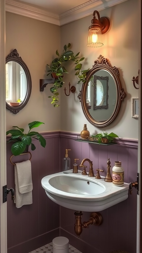 A vintage bathroom with mauve wainscoting, white porcelain sink, and decorative mirrors.