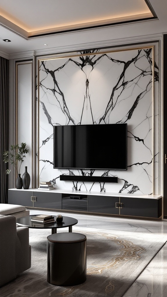 A modern living room featuring a luxurious marble TV wall design with a sleek black television and dark furniture.