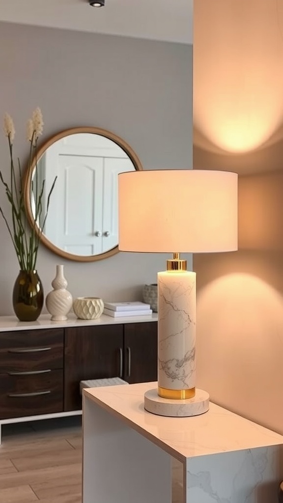 Marble base table lamp on a side table in an elegant entrance hall