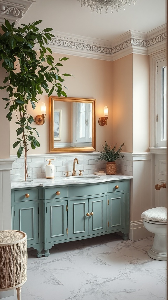 A vintage-style bathroom featuring a blue-green vanity, a golden-framed mirror, marbled flooring, and potted plants.