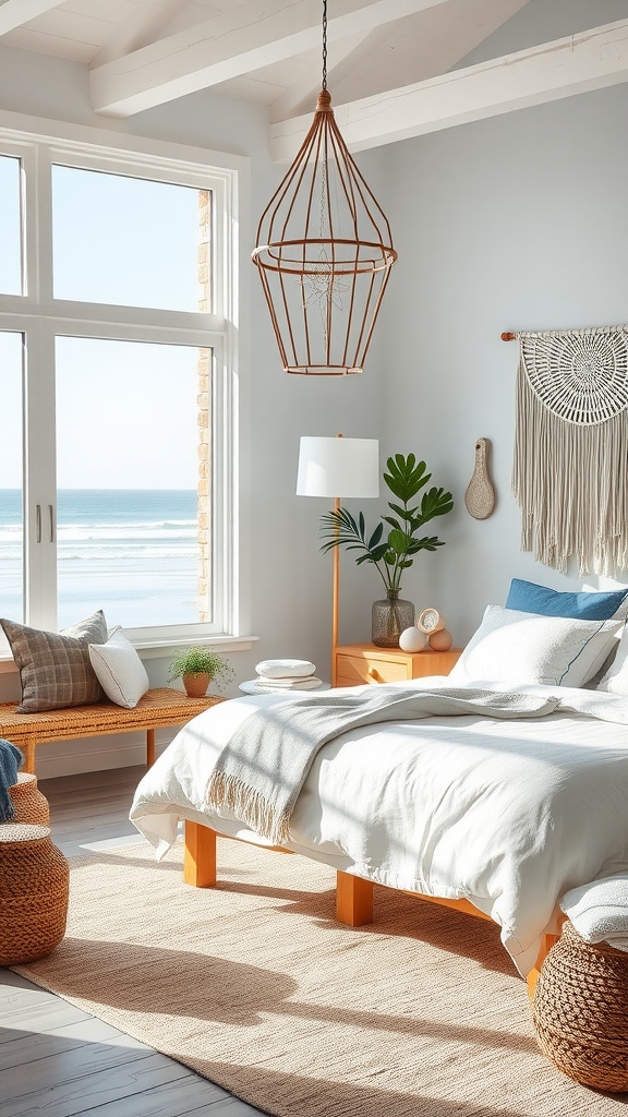 A bright and airy marine boho bedroom with a view of the beach, featuring light colors, woven textures, and natural elements.