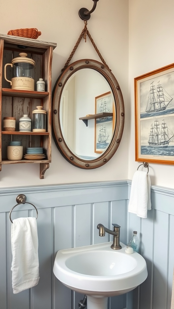 A vintage bathroom with maritime decor featuring a circular mirror, wooden shelves, and nautical-themed art.