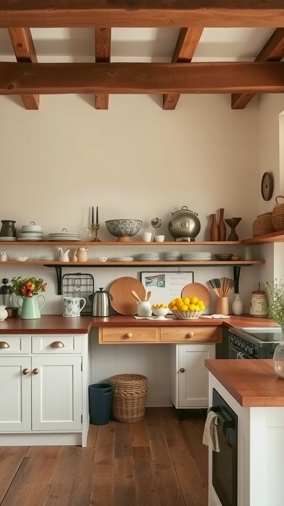 A cozy kitchen featuring Mascarpone paint color with wooden beams, open shelves, and a warm color palette.