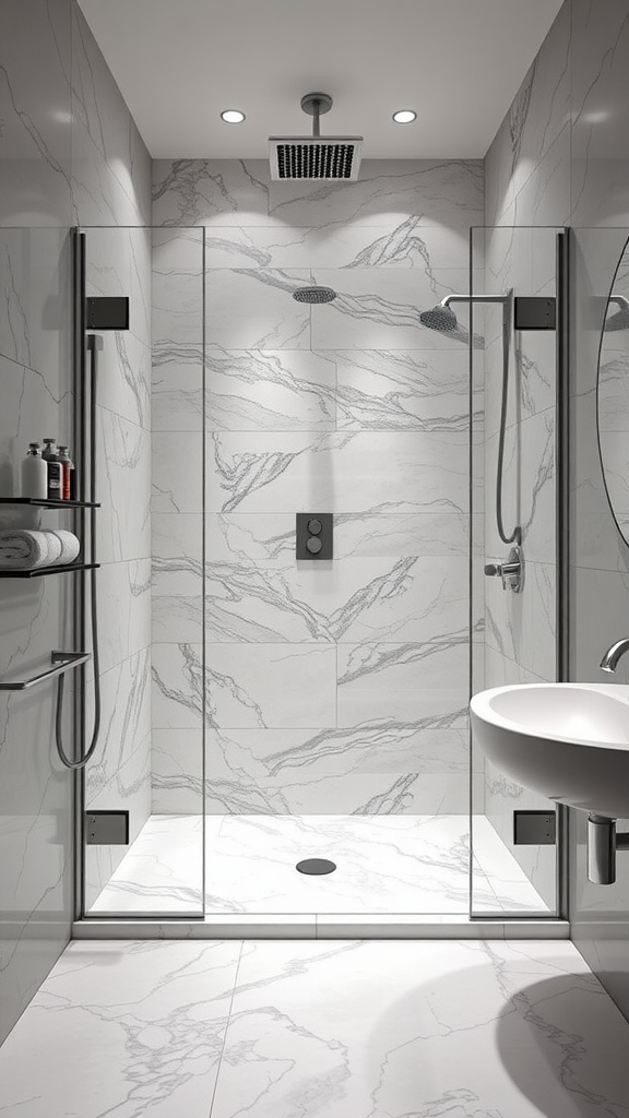 A modern walk-in shower with matching marble tiles on the floor and walls, showcasing a sleek design.